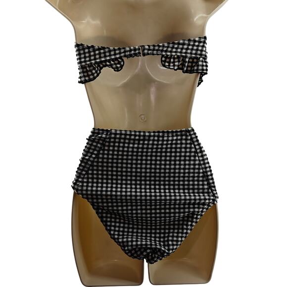 Forever 21 Black White Check Retro High Waist Bikini Set Ruffle Womens Xlarge - Picture 7 of 7